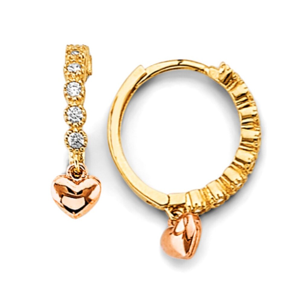 14KT Gold Two-Toned Heart Charm CZ Huggies Earrings